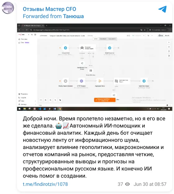 Отзыв в Telegram: Доброй ночи. Время пролетело незаметно, но я его все же сделала. 🤖📈Автономный ИИ-помощник и финансовый аналитик. Каждый день бот очищает нов