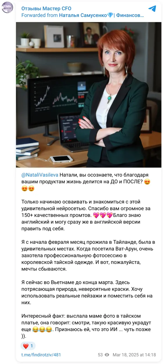 Отзыв в Telegram: @NataliVasileva Натали, вы осознаете, что благодаря вашим продуктам жизнь делится на ДО и ПОСЛЕ? 😍😍😍 Только начинаю осваивать и знакомиться 